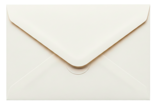 Back view of a closed cream colored paper mail envelope isolated on a transparent background