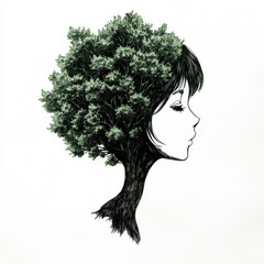 Young woman profile with tree foliage hair, creative nature concept, peaceful and calm expression, artistic illustration of mental health