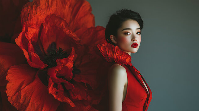 Elegant Asian woman in red dress with bold red lipstick and large poppy flower backdrop, fashion portrait with dramatic floral design and minimal grey background
