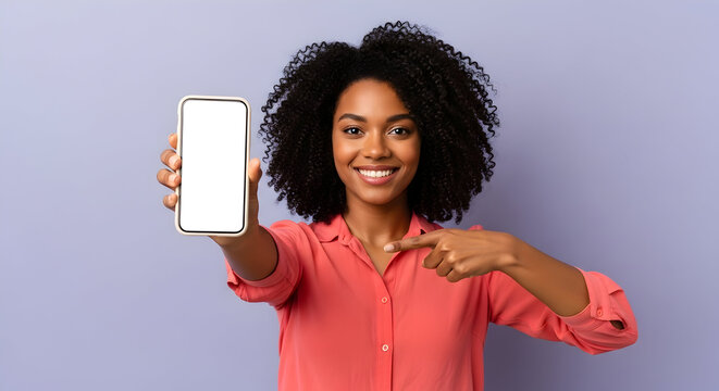 Smiling Black woman shows smartphone blank screen mockup app presentation technology modern device - Powered by Adobe