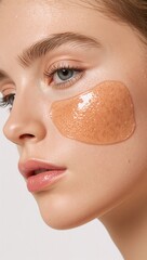 Close up of a girl cheeks with hydrating jelly mask patches on plain white background