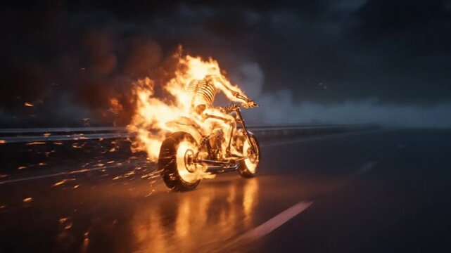 Skeleton riding a flaming motorcycle on a dark highway at night, Ideal for horror films or high-energy music videos.