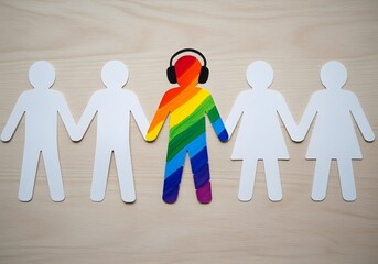 Paper cutout figures with central rainbow painted person wearing headphone symbolizing autism spectrum sensory processing and inclusion