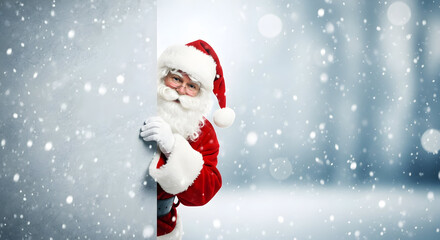 Santa Claus peeking from behind a blank sign winter wonderland Christmas holiday season festive cheerful jolly merry xmas celebration gift presents snow background