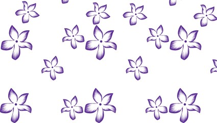 A pattern of purple flowers with five petals scattered on a white background in a simple hand drawn style © 𝐙𝐀𝐈𝐍 𝐉𝐀𝐓𝐓🚩