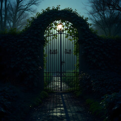 Obraz premium Iron garden gate covered in ivy, leading to a hidden path 