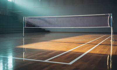 Lapangan bulutangkis, Sunlight illuminates an empty indoor badminton court with its net perfectly set, highlighting the polished wooden and court lines.
