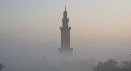 Obraz premium Serene Islamic Minaret Silhouette Emerging from Morning Fog, Mystical Atmosphere