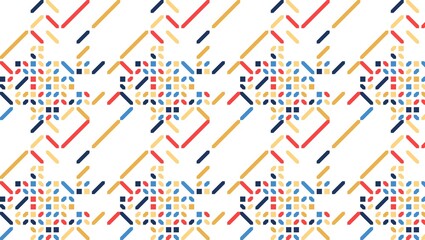 Geometric pattern with squares and lines in blue red and yellow on a white background repeating design