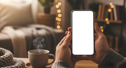 Cozy Winter Evening Relaxing at Home with Smartphone Blank Screen Mockup
