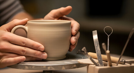 Artisan Potter Shaping Clay Mug Pottery Workshop Handmade Ceramic Craft Creation