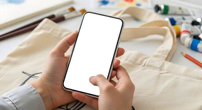 Blank smartphone screen mockup in hands design project artist workspace cotton tote bag paint brushes pencils art supplies creative studio modern technology mobile app presentation template