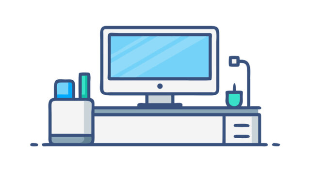 Illustration of a computer monitor on a desk with a lamp and stationery holder in cartoon style