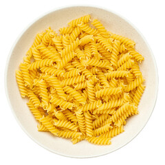 Raw pasta Fusilli in  bowl isolated on white background. Raw and Dry Macaroni. Italian Culture.