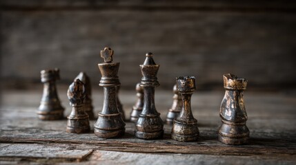 Chess pieces strategically placed on a weathered wooden table with warm vintage lighting.
