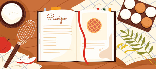 Open recipe book surrounded by baking ingredients, kitchen utensils, and food elements on a table, ideal for cooking and baking concepts vector illustration
