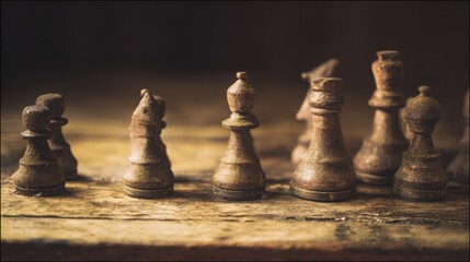 Chess pieces strategically placed on a weathered wooden table with warm vintage lighting.
