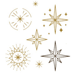 Golden Sparkle and Twinkle Icon Set - Minimalist Star Shapes and Glow Effects in Flat Vector Style Isolated on White Background for Festive, Decorative, and Holiday Designs