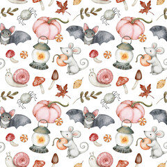 Halloween seamless pattern. Cute bat, mouse, snail, spider, pumpkin, lantern, autumn leaves. Hand drawn cartoon watercolor illustration . Kids design for cards, textile, wrapping paper, fabric, decor.
