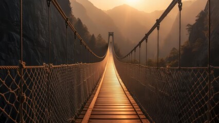 Majestic Suspension Bridge Bathed in Golden Hour Sunlight Amidst Misty Mountains
