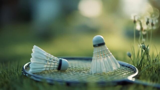 Badminton shuttlecocks and racket on grass