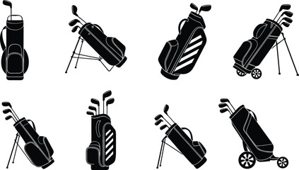Golf bag icons, golf club sets, vector illustration, black silhouettes, golf equipment, sports gear, golf accessories, flat design, isolated white background.