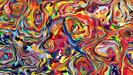 A vibrant abstract painting featuring swirling patterns of various colors and organic shapes throughout it