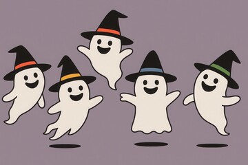 Group of Halloween Ghosts Wearing Witch Hats in Fun Cartoon Illustration Style