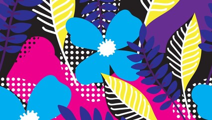 A vibrant floral pattern featuring blue flowers, pink shapes, and colorful leaves on a black background