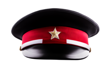 Military peaked cap with golden star emblem and red band