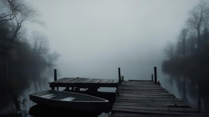 Misty lake dock scene