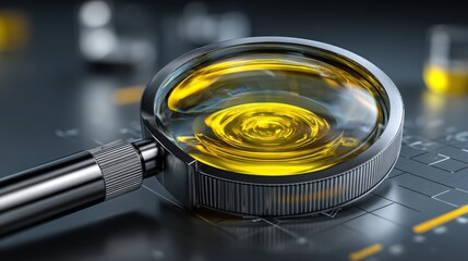 Magnifying glass over a yellow liquid inside a container highlighting experimentation and analytical insight