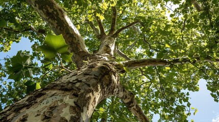 Fototapeta premium Majestic Sycamore Trees: Iconic Species with Large, Lobed Leaves, Smooth White Bark, and Spreading Canopies, Thriving in Urban Parks, Woodlands, and Riverbanks, Capturing Natural Beauty for Botanical 