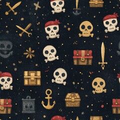 Fototapeta premium Playful pirate-themed pattern featuring skulls, treasure chests, swords, and anchors on a dark speckled background