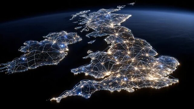 Intricate vector UK map showcasing global connectivity through communication arcs, satellite coverage, and international fiber links.