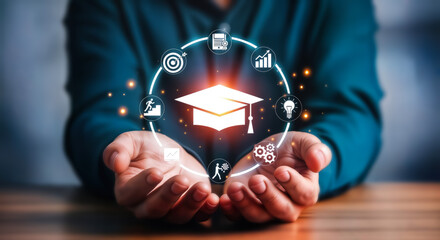 Hands holding a glowing graduation cap surrounded by icons representing various aspects of education and professional development, symbolizing knowledge and future opportunities