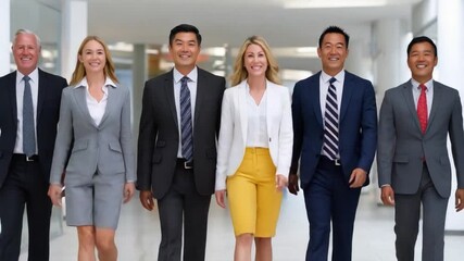 Business Professionals in Corridor: A group of diverse business professionals, impeccably dressed in suits, strides confidently down a modern corridor, exuding professionalism, ambition, and teamwork.