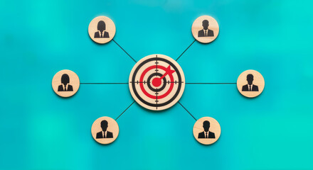 Central target with an arrow hitting the bullseye, connected to a network of six people icons, symbolizing business strategy, teamwork, and achieving common goals