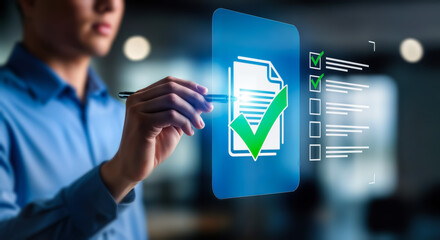 A person interacting with a digital document interface, highlighting successful completion and approval with a prominent green checkmark, symbolizing efficient workflow and task management