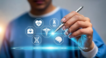 Doctor interacting with futuristic digital interface displaying medical icons and data, representing healthcare technology and innovation