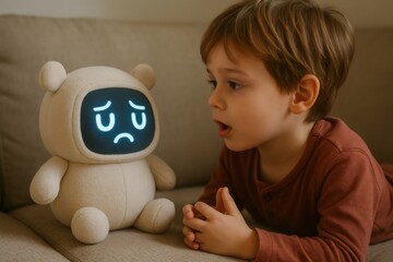 Young child talking to an ai powered robot toy showing a sad face on its screen, exploring the future of play and companionship
