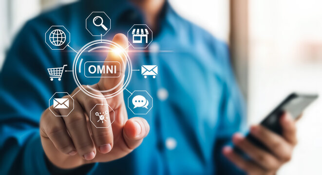 Businessman touching a holographic interface displaying the word omni, surrounded by icons representing various business and communication channels, while holding a smartphone - Powered by Adobe