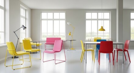 Colorful chairs and lamps in a bright, modern office interior, furniture design