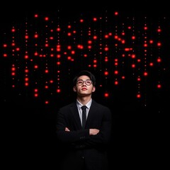 Confident Young Professional Against a Dark Background with Lights