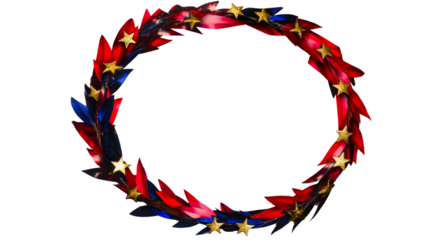 Circular arrangement of red and blue metallic leaves with gold stars - Powered by Adobe