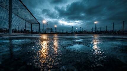 Fototapeta premium Night soccer stadium under floodlights, soccer stadium at night with bright lights, soccer stadium at night for sports photography 