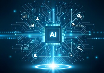 Obraz premium A futuristic glowing blue AI chip on a micro processor circuit board radiating glowing blue lines surrounded by various types of digital icons representing advanced technology and digital innovation.