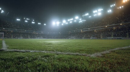Night soccer stadium under floodlights, soccer stadium at night with bright lights, soccer stadium at night for sports photography	

