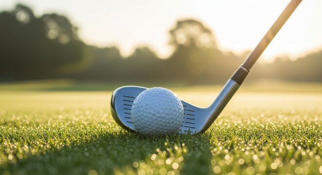 Closeup of a golf ball and club on a green during sunrise