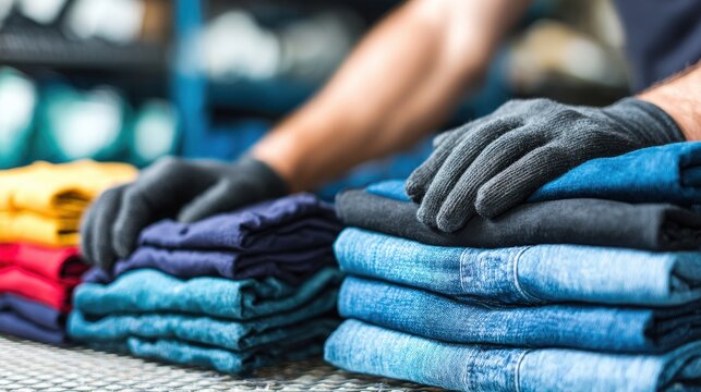 Folded Shirts and Jeans with Gloved Hands on Wire Shelf